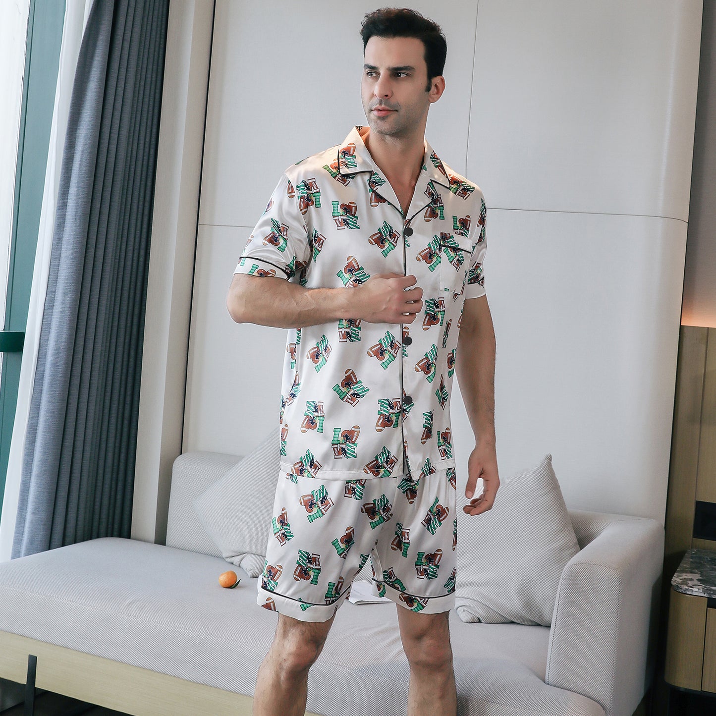 Mens Silky Pajamas Set Short Top & short pants Nightwear-KJ4008-M