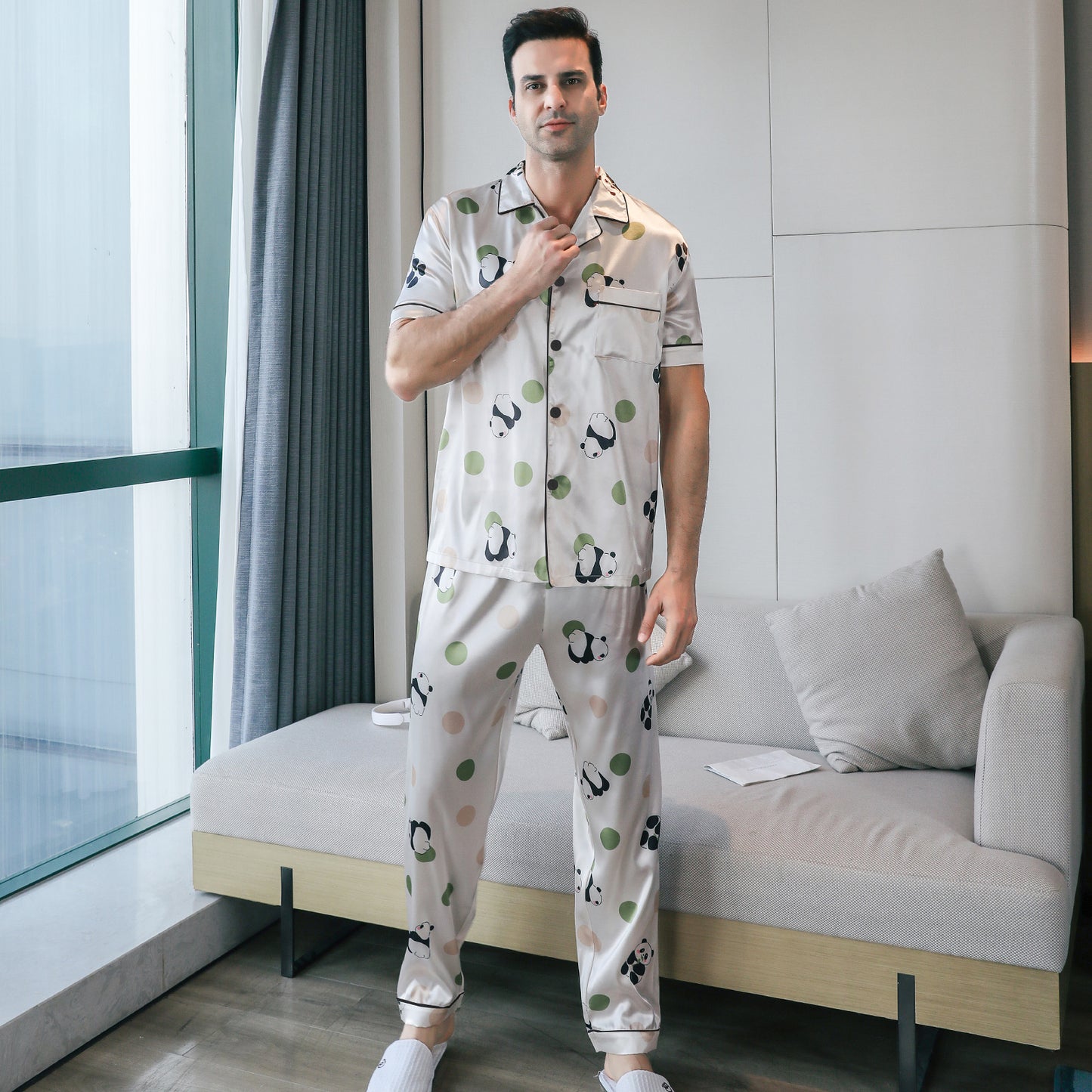 Men's Satin Pajama Set 3 Pieces Classic Sleepwear-KJ6011-M