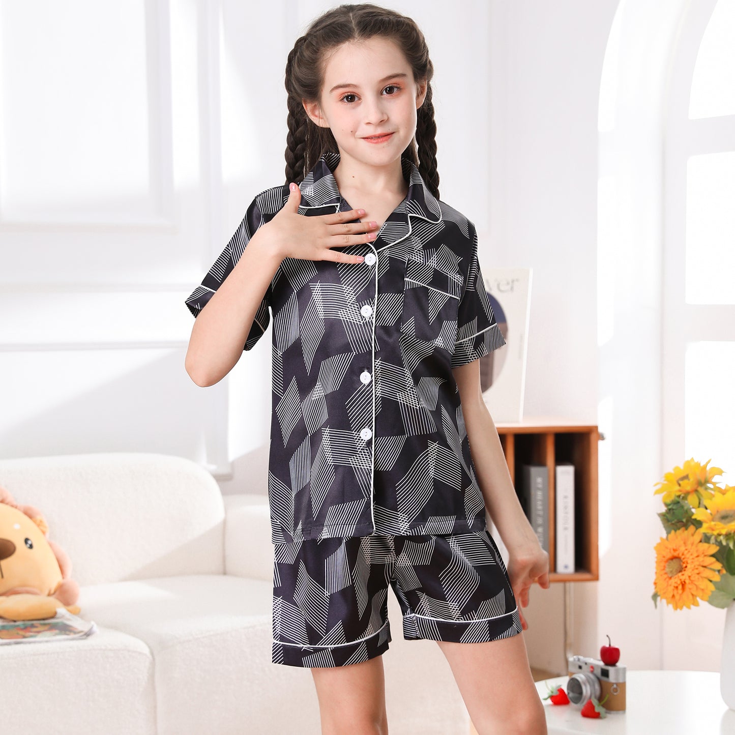 Girl's  Satin Pajama Set Short Top Classic Sleepwear with Short pants-KJ420T-130