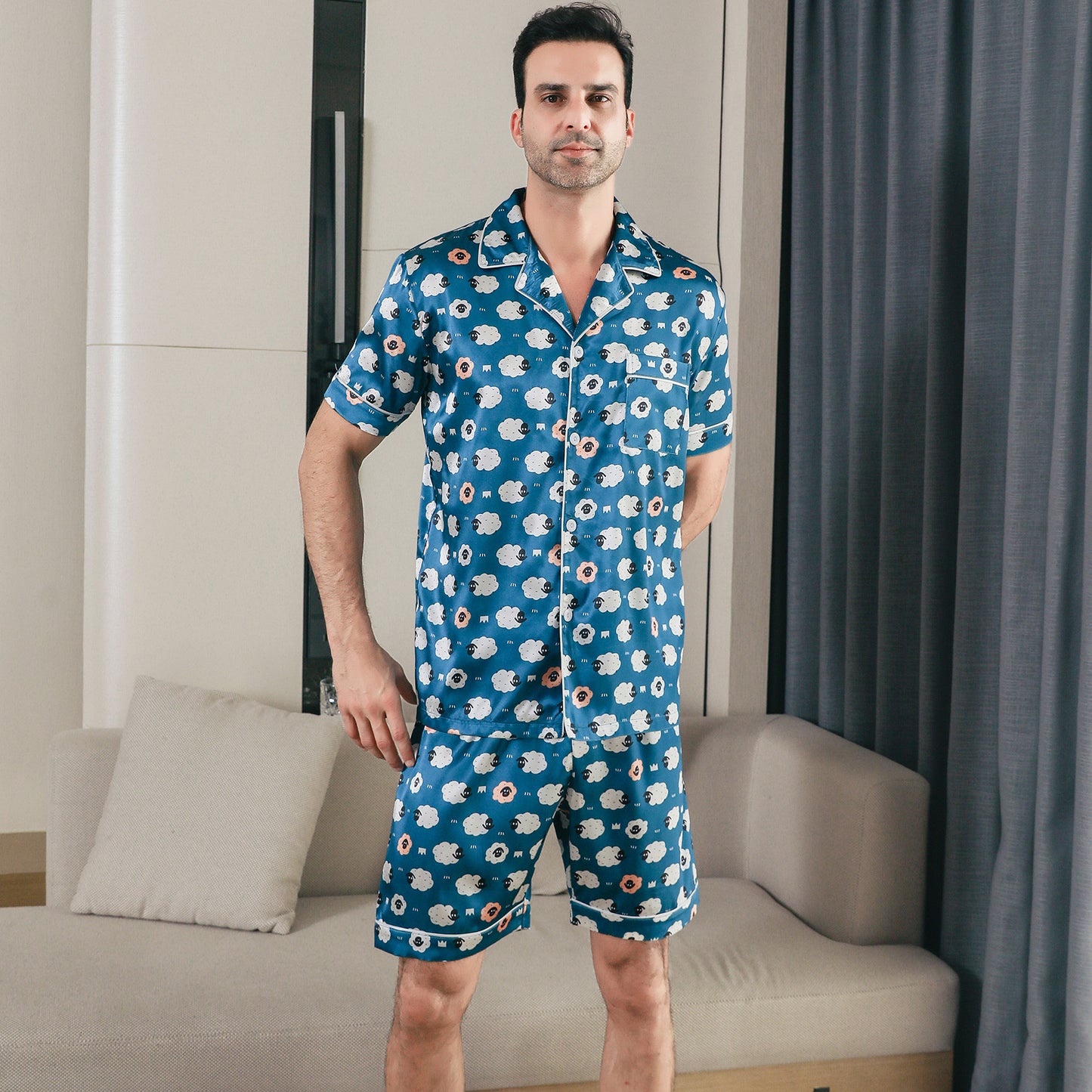 Men Satin Pajamas Set Short Sleeve & short Pants Sleepwear with Pockets-KJ4043-M