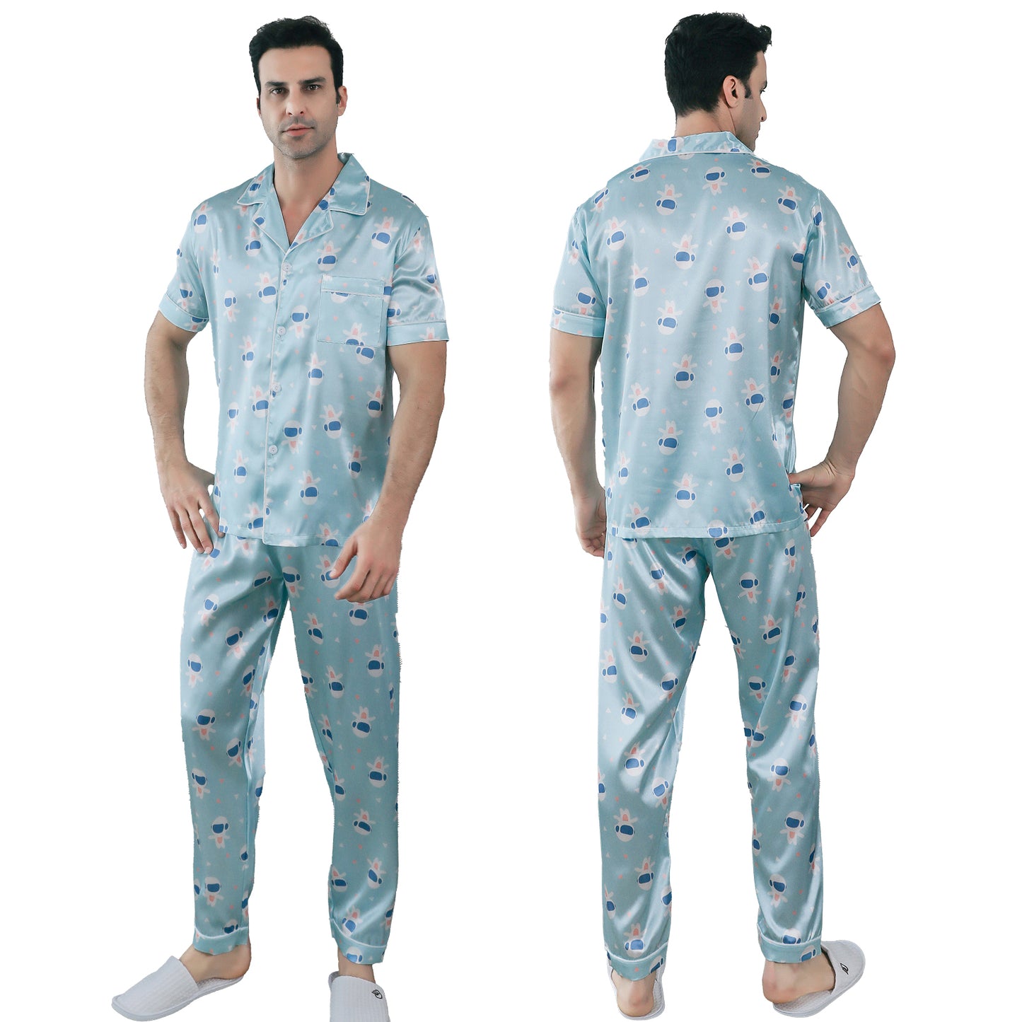 Mens Pajama Set Short Sleeve Sleepwear Silky Loungewear with Long Pants-KJ5026-M