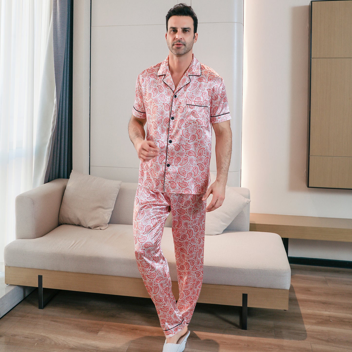 Men's Classic Silk Pajama Set Short Top & Long Pants Button Loungewear-KJ5053-M