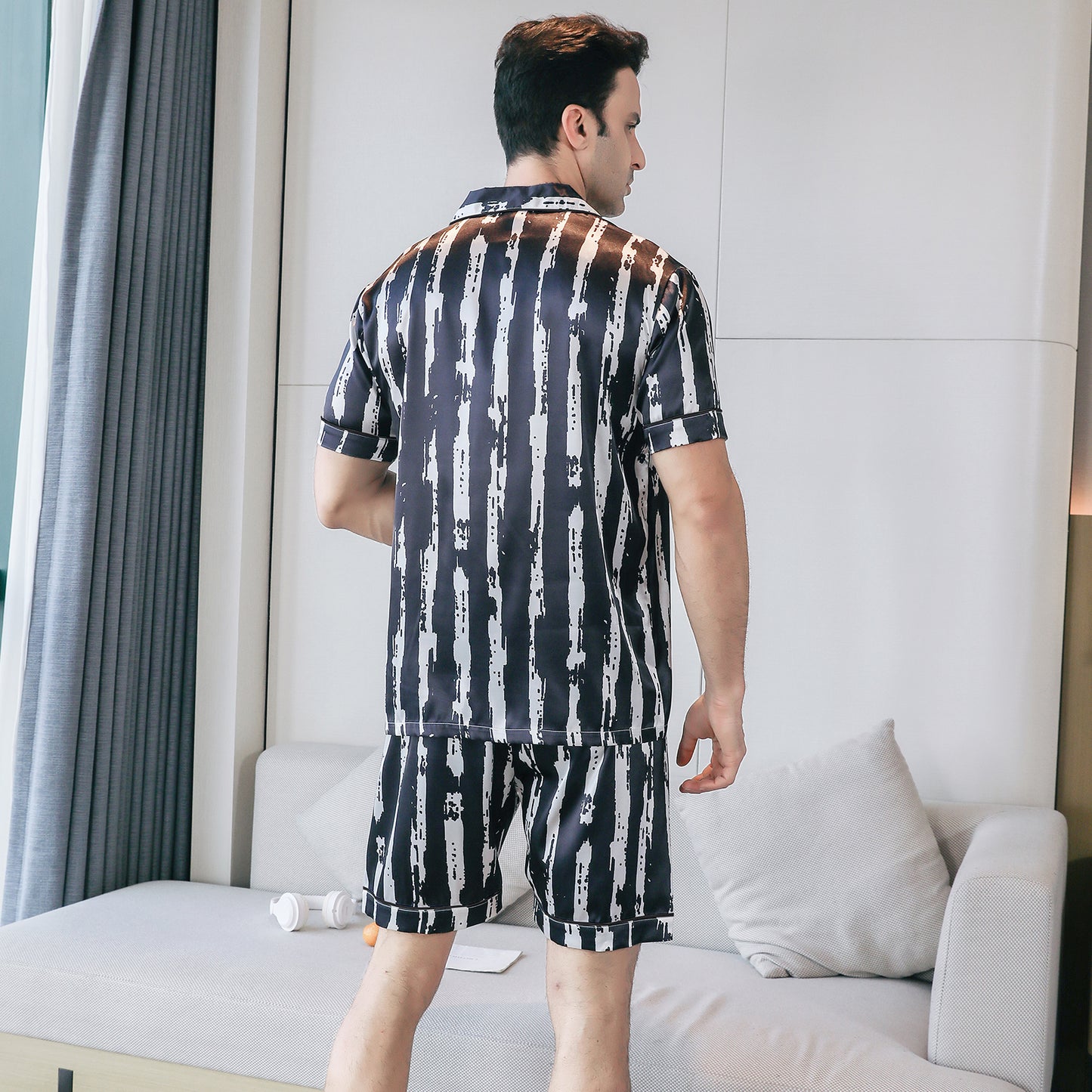 Mens Silky Pajamas Set Short Top & short pants Nightwear-KJ4009-M