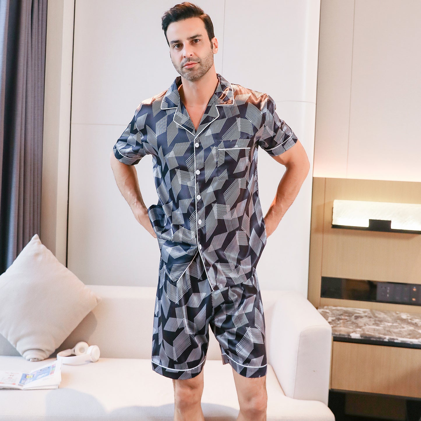 Mens Silky Pajamas Set Short Top & short pants Nightwear-KJ4002-M