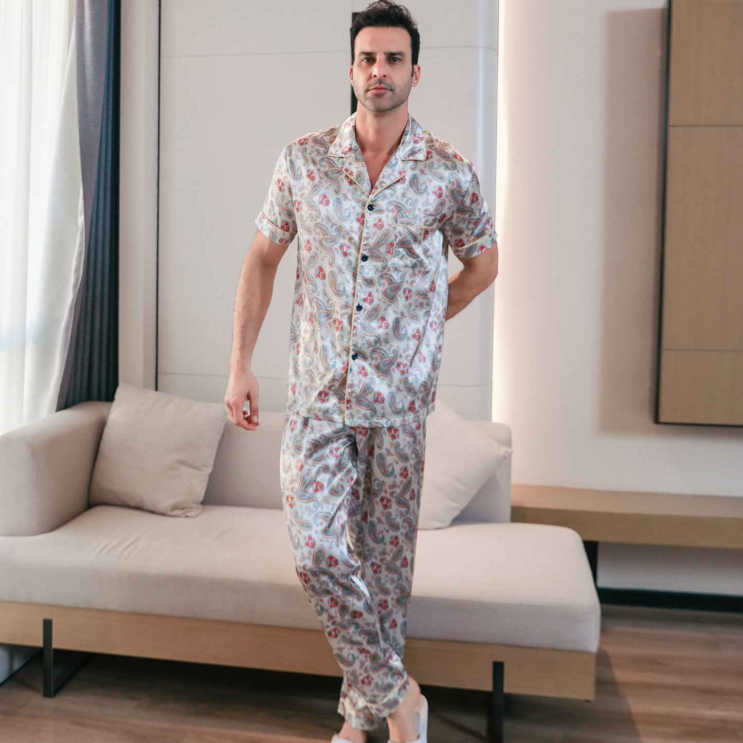 Men's Classic Silk Pajama Set Short Top & Long Pants Button Loungewear-KJ5052-M