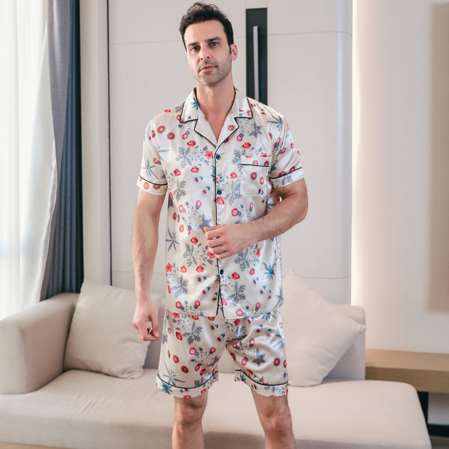 Men's  Silk Pajama Set Short Top & short Pants  Loungewear-KJ4051-M