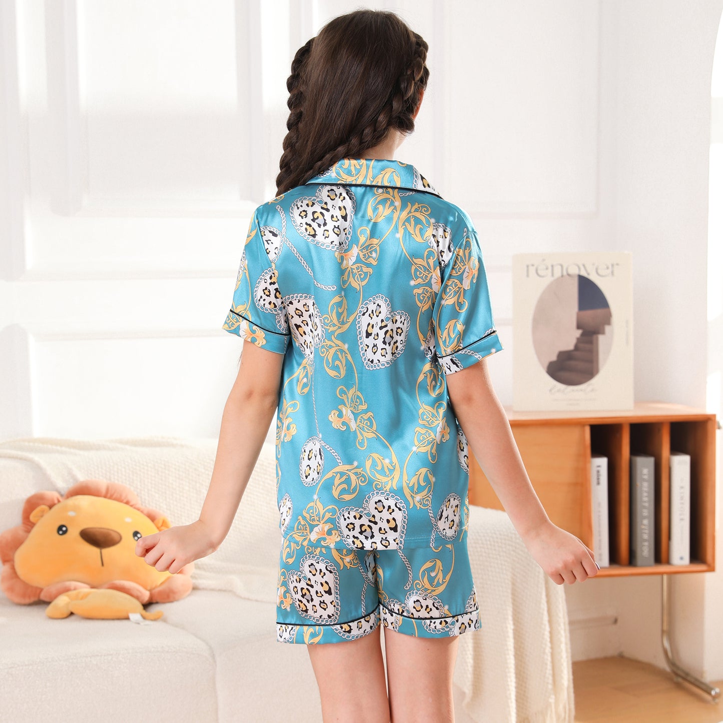 children's Satin Pajamas Set Short Sleeve & Short pants Sleepwear with Pockets-KJ456T-130