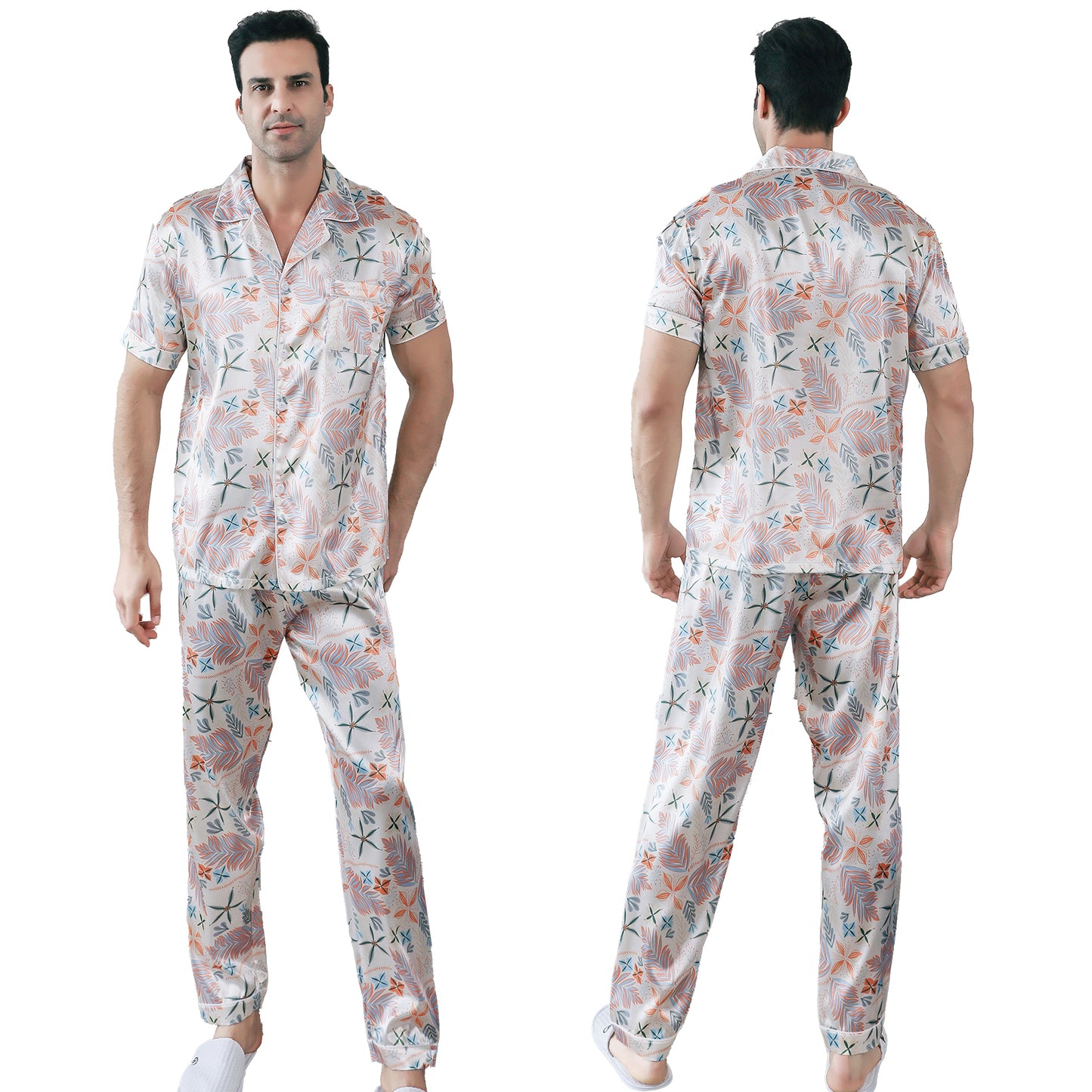 Mens Pajama Set Short Sleeve Sleepwear Silky Loungewear with Long Pants-KJ5022-M