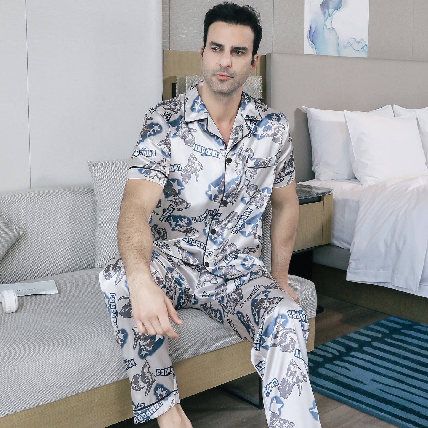 Men's Silky Satin Pajama Set Short Top Classic Sleepwear with Long Pants-KJ5020-M