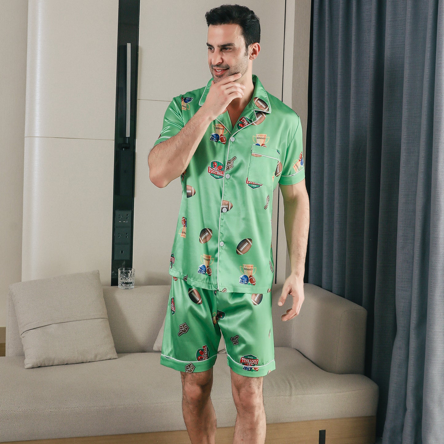 Men Satin Pajamas Set Short Sleeve & short Pants Sleepwear with Pockets-KJ4042-M