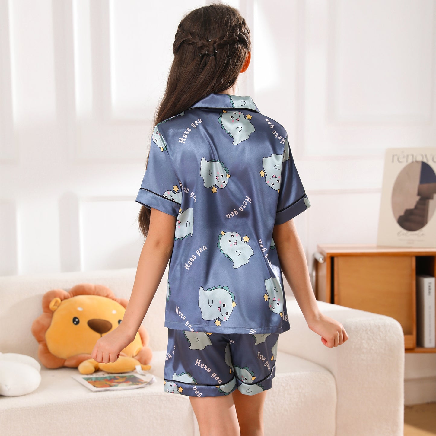 Girl's  Satin Pajama Set Short Top Classic Sleepwear with Short pants-KJ423T-130