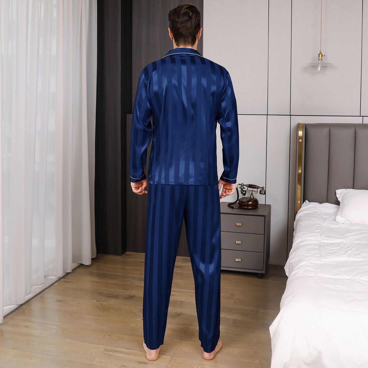 Men's Silky Satin Pajama Set Long Top Classic Sleepwear with Long Pants-KJ2025-M