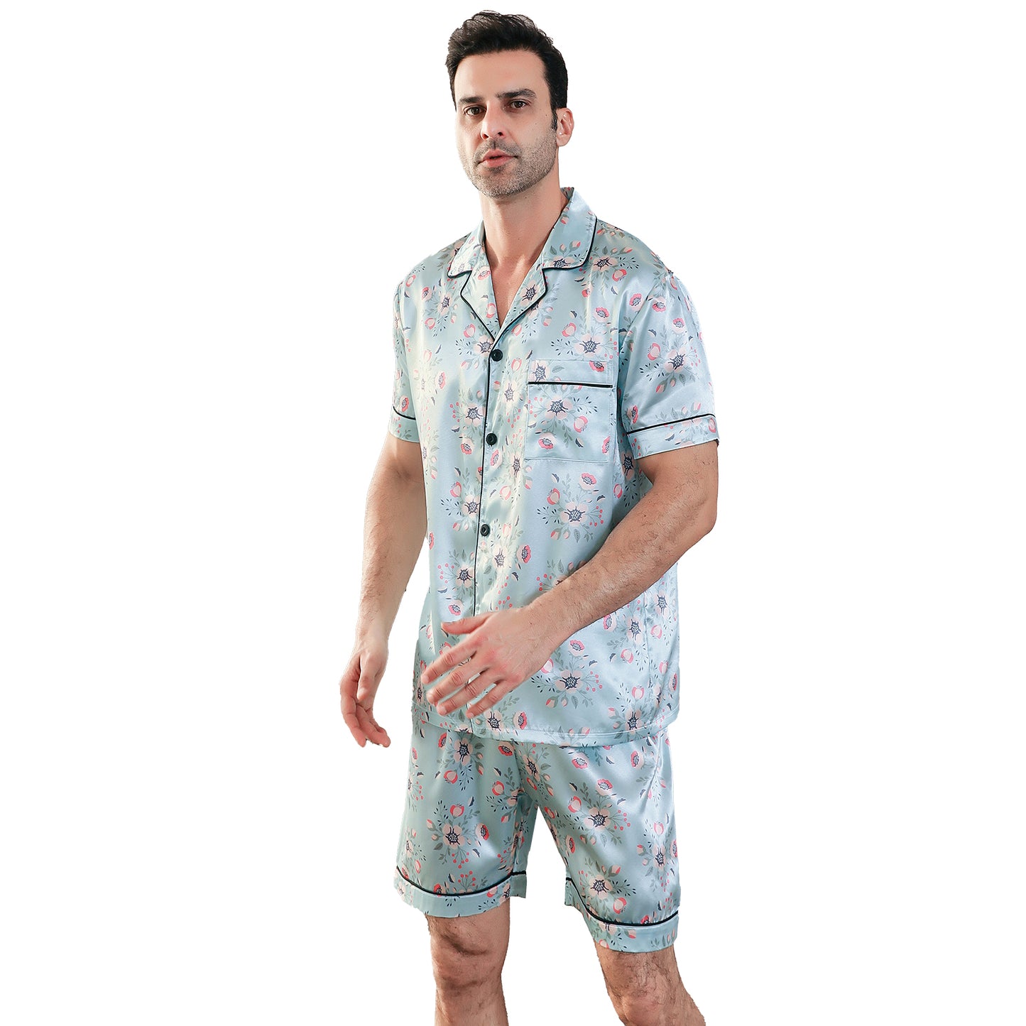 Men's  Silk Pajama Set Short Top & short Pants  Loungewear-KJ4049-M