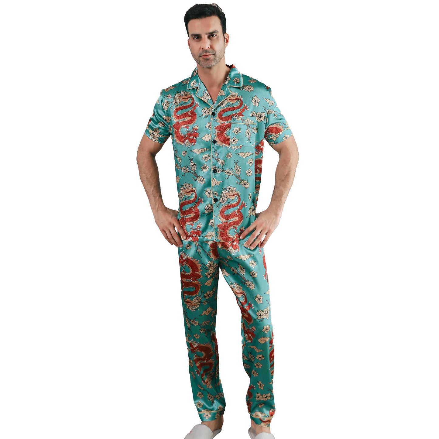 Men Satin Pajamas Set 3 Pieces multicolor Sleepwear with Pockets-KJ6037-M