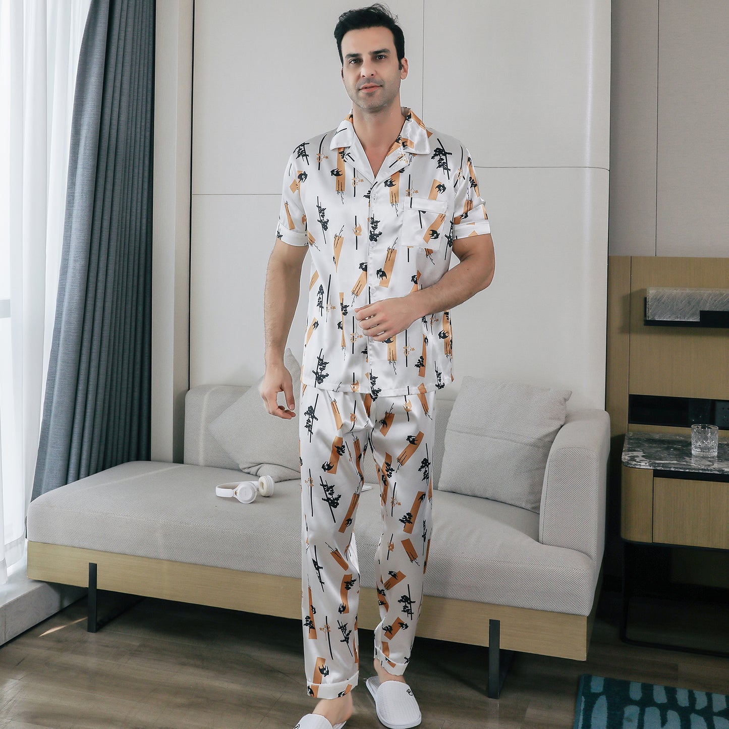 Mens Pajama Set Short Sleeve Sleepwear Silky Loungewear with Long Pants-KJ5025-M