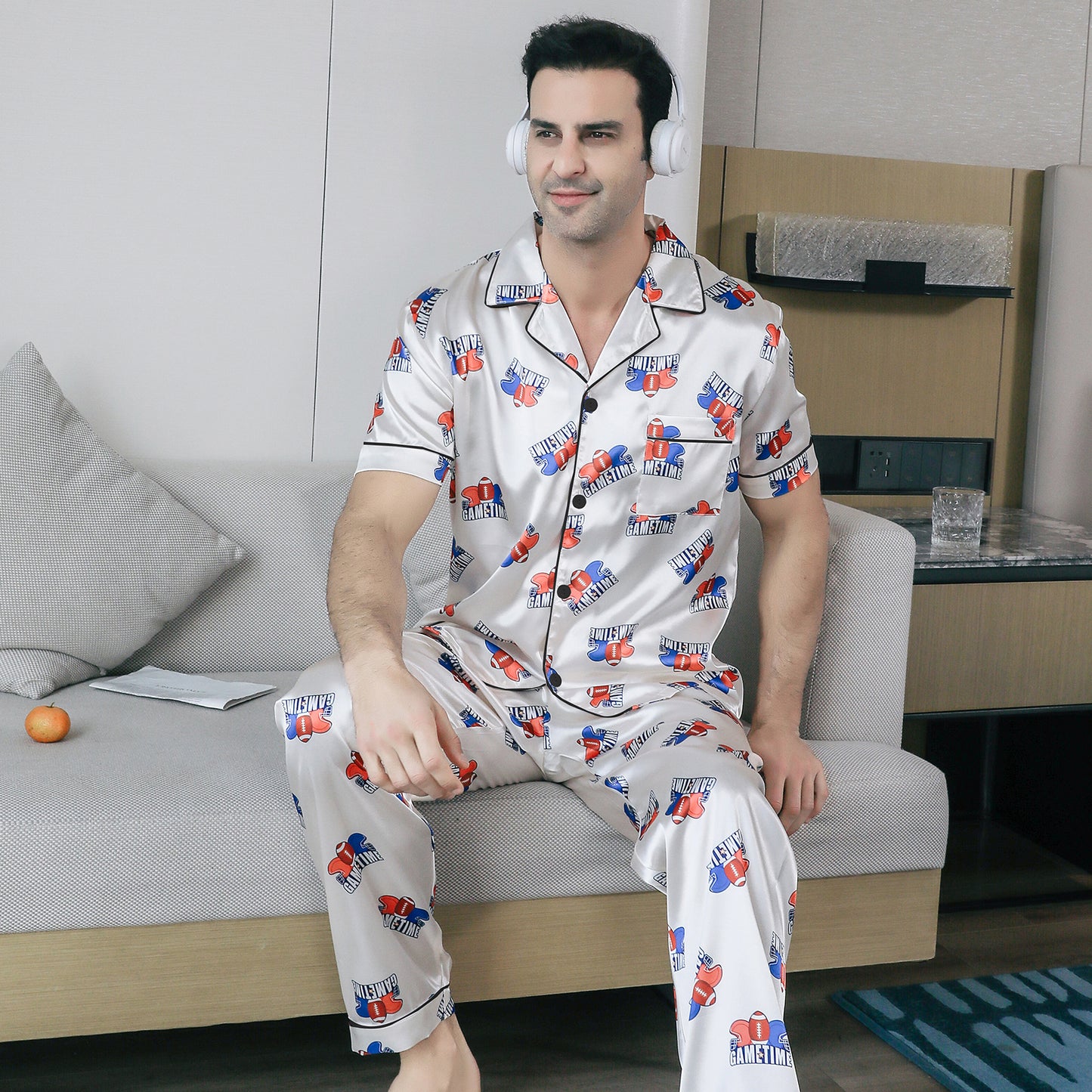 Men's Silky Satin Pajama Set Short Top Classic Sleepwear with Long Pants-KJ5019-M