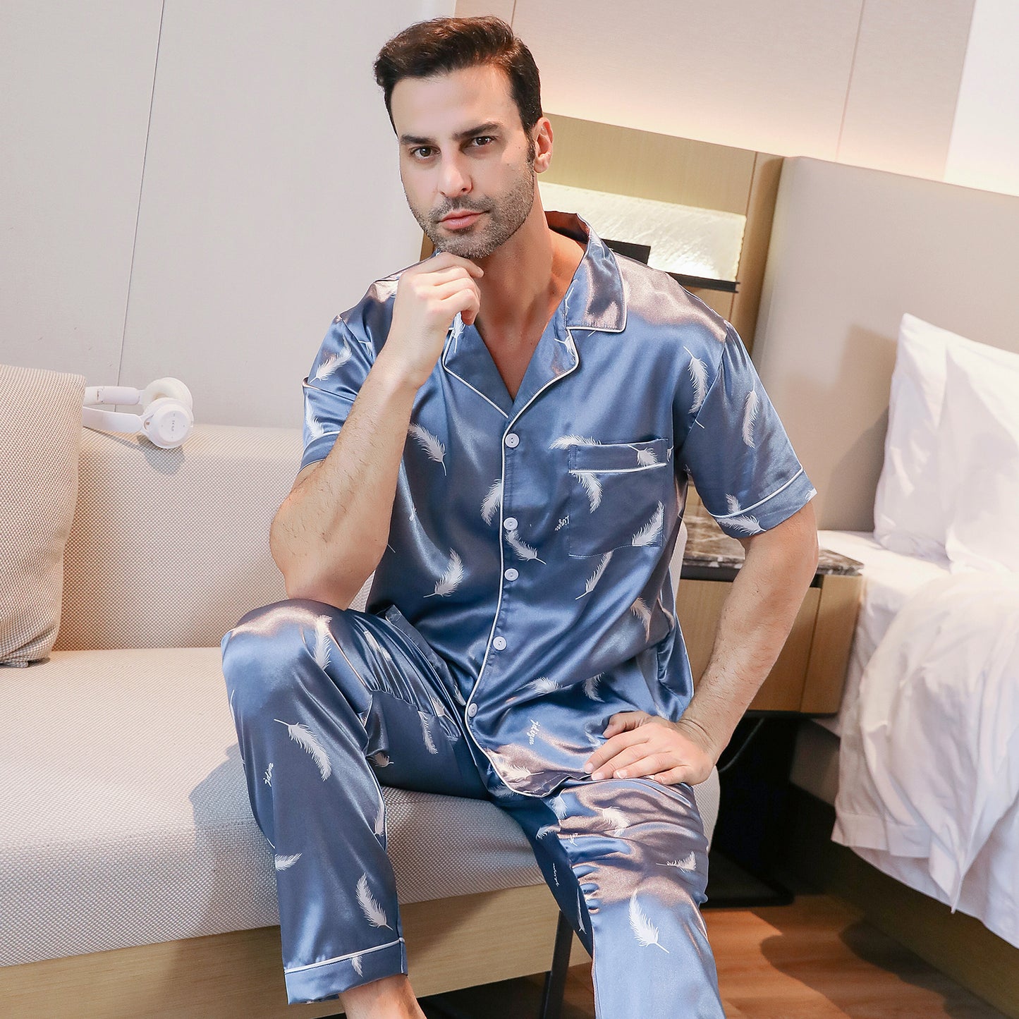 Mens Silky PJ SET Short Sleeve Top and Long pants Nightwear