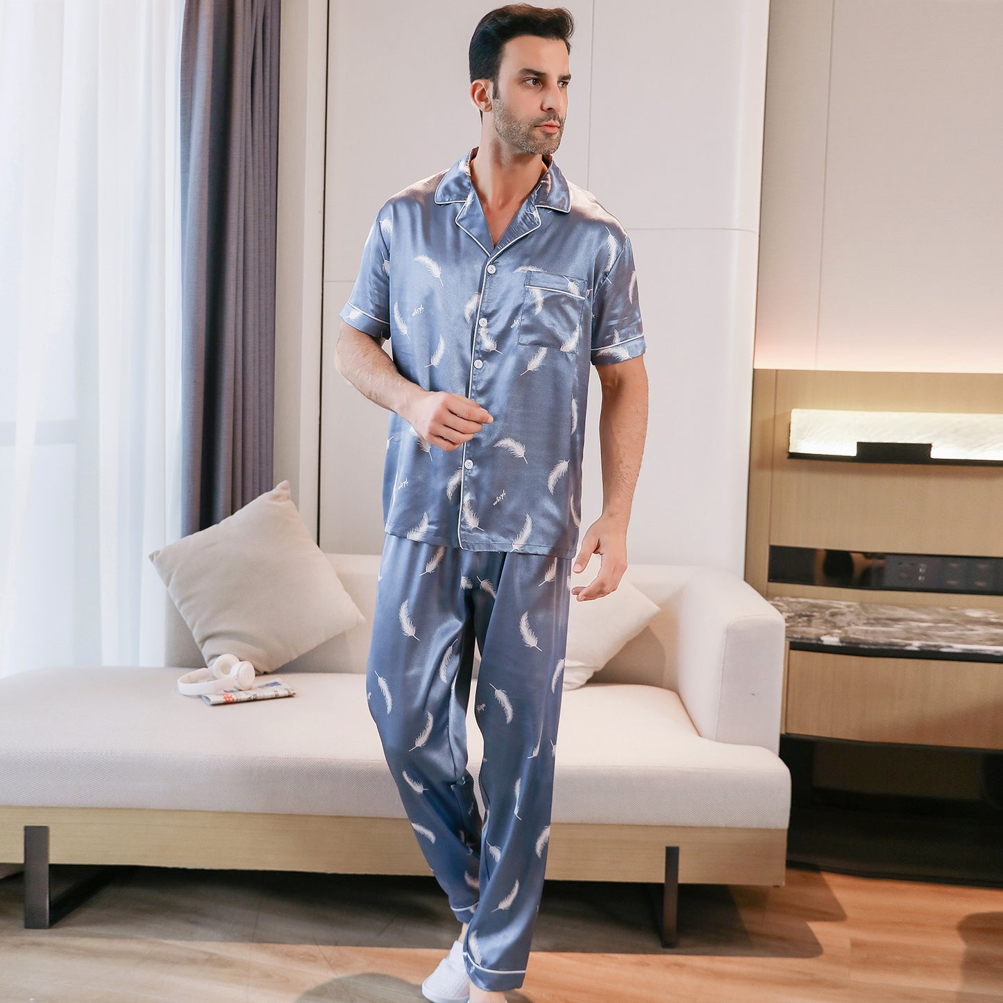 Mens Silky PJ SET Short Sleeve Top and Long pants Nightwear