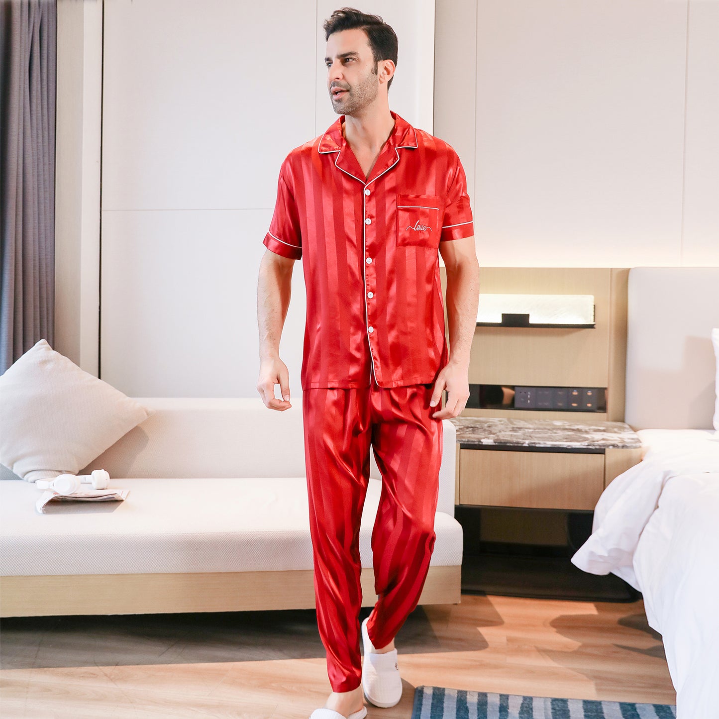 Mens Silky Pajamas Set Short Sleeve Top and Long pants Nightwear-KJ5005-M