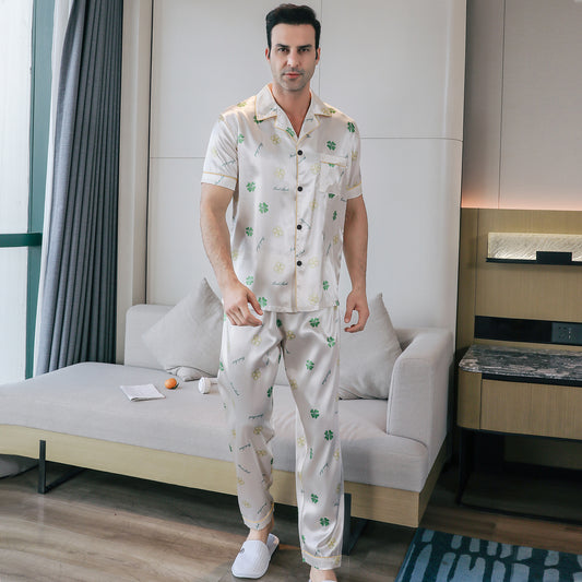 Mens Silky Pajamas Set Short Sleeve Top and Long pants Nightwear-KJ5006-M