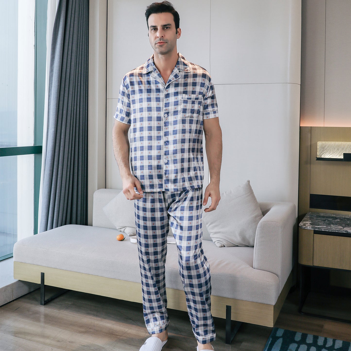 Mens Silky Pajamas Set Short Sleeve Top and Long pants Nightwear-KJ5007-M