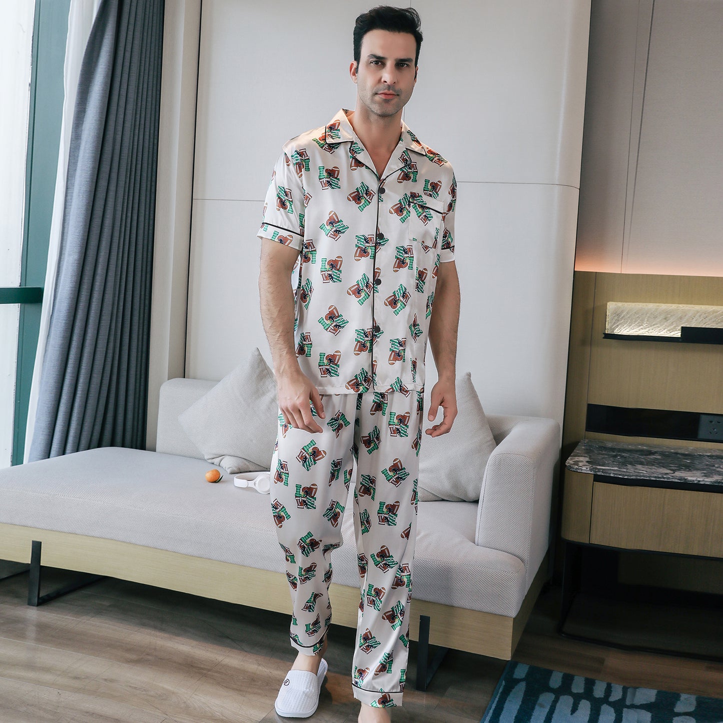 Mens Silky Pajamas Set Short Sleeve Top and Long pants Nightwear-KJ5008-M