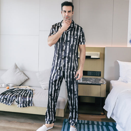 Mens Silky Pajamas Set Short Sleeve Top and Long pants Nightwear-KJ5009-M