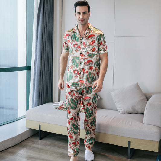 Mens Silky Pajamas Set Short Sleeve Top and Long pants Nightwear-KJ5010-M