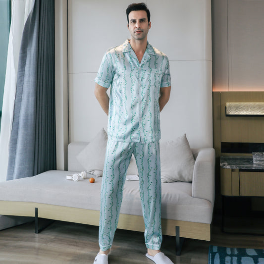 Men's Silky Satin Pajama Set Short Top Classic Sleepwear with Long Pants-KJ5012-M