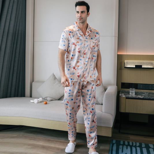 Men's Silky Satin Pajama Set Short Top Classic Sleepwear with Long Pants-KJ5013-M