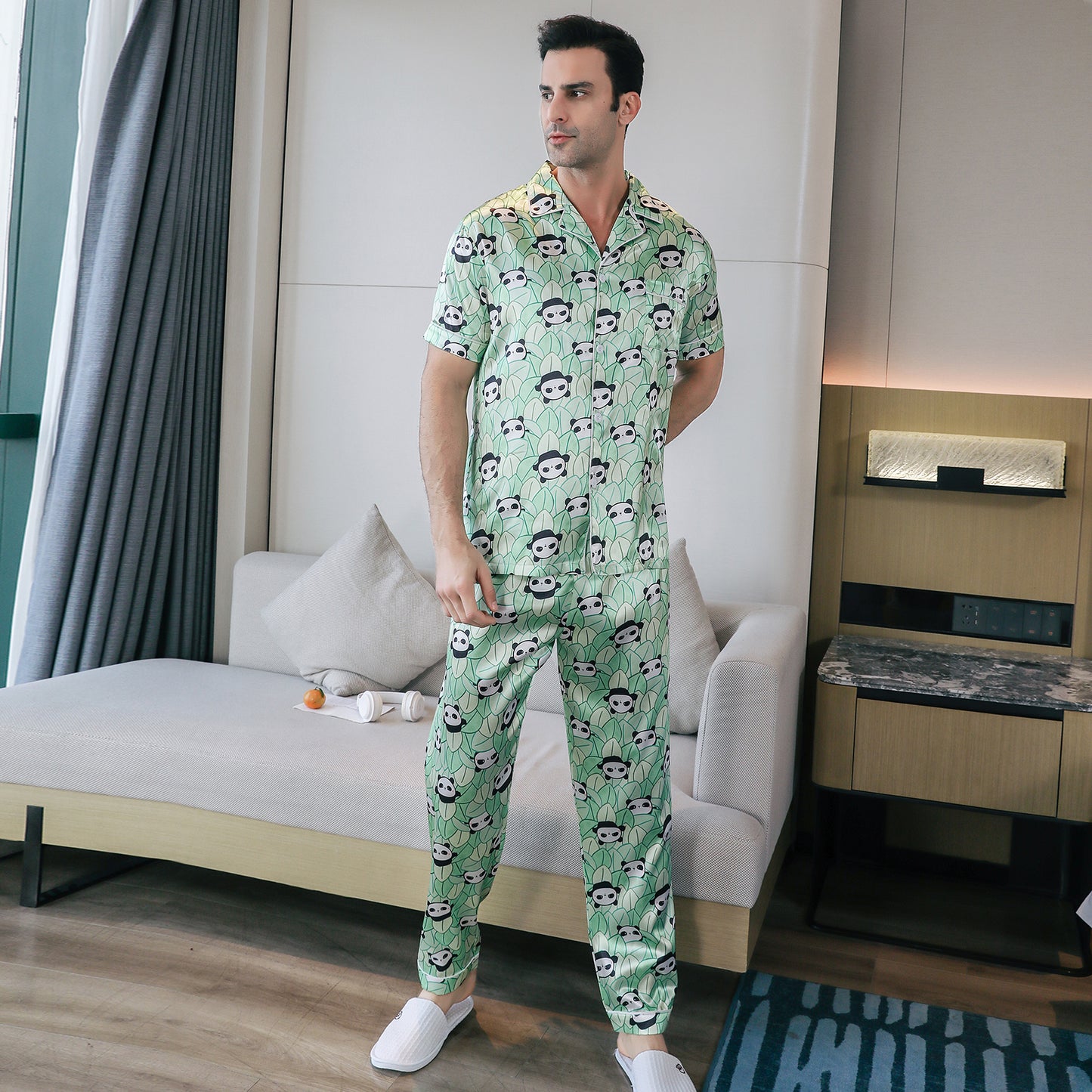 Men's Silky Satin Pajama Set Short Top Classic Sleepwear with Long Pants-KJ5014-M