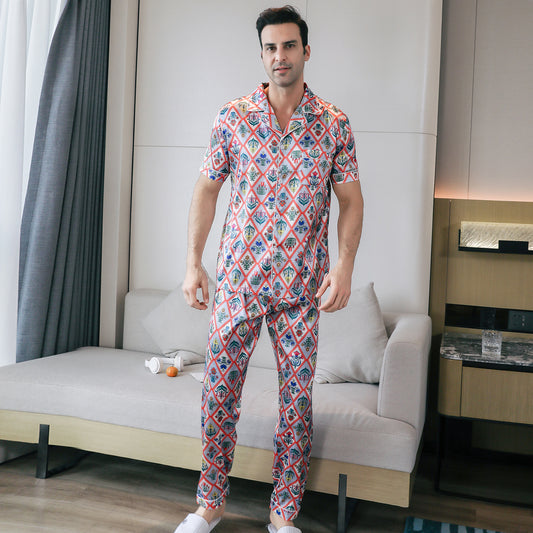 Men's Silky Satin Pajama Set Short Top Classic Sleepwear with Long Pants-KJ5015-M