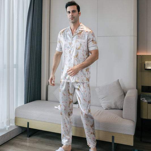 Men's Silky Satin Pajama Set Short Top Classic Sleepwear with Long Pants-KJ5016-M