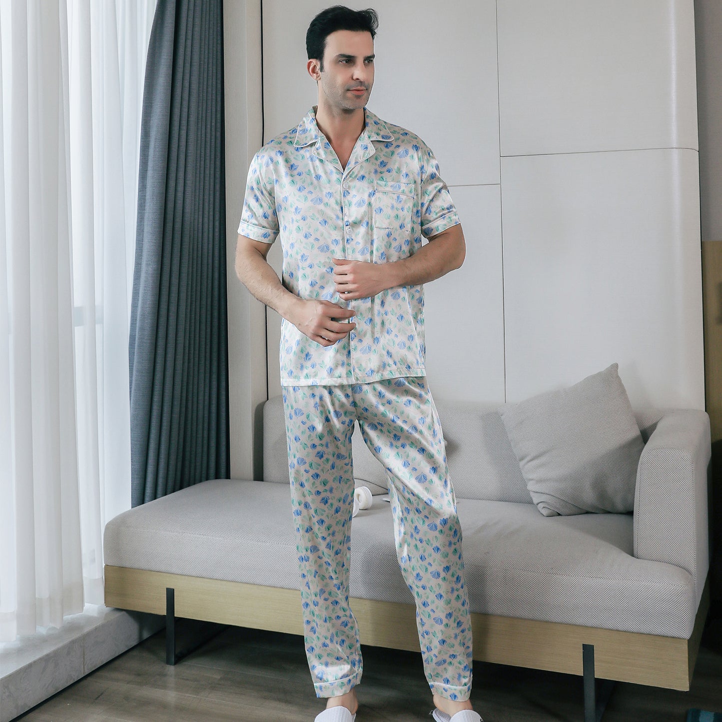 Men's Silky Satin Pajama Set Short Top Classic Sleepwear with Long Pants-KJ5017-M