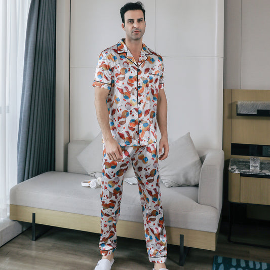 Men's Silky Satin Pajama Set Short Top Classic Sleepwear with Long Pants-KJ5018-M