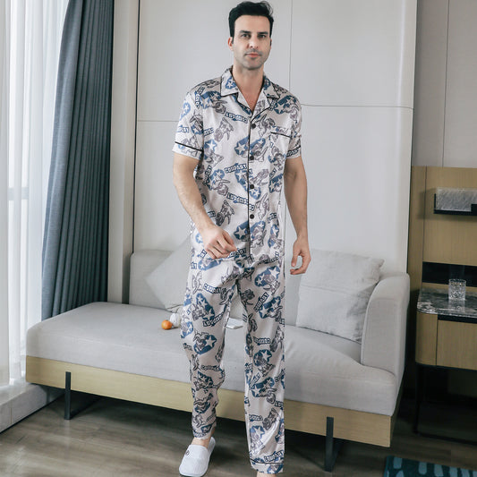 Men's Silky Satin Pajama Set Short Top Classic Sleepwear with Long Pants-KJ5020-M