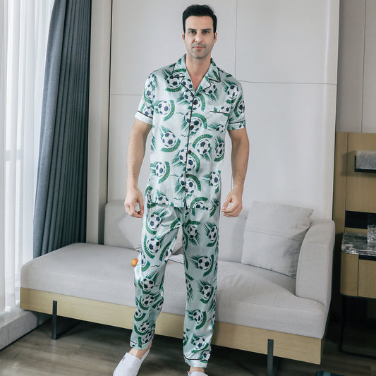 Mens Pajama Set Short Sleeve Sleepwear Silky Loungewear with Long Pants-KJ5021-M