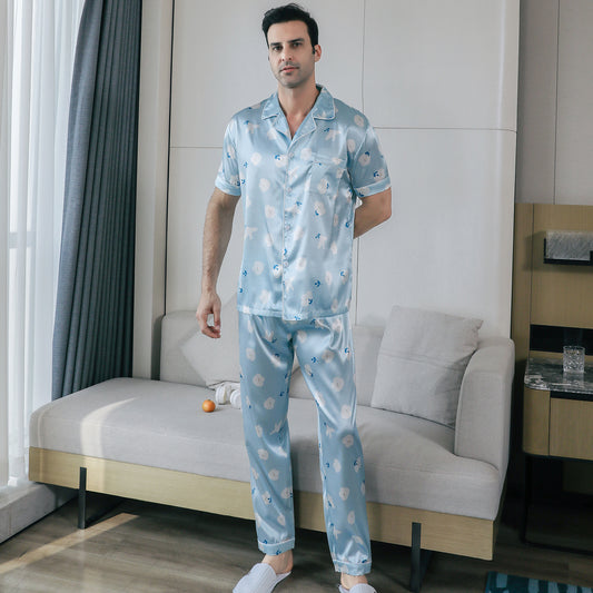 Mens Pajama Set Short Sleeve Sleepwear Silky Loungewear with Long Pants-KJ5023-M