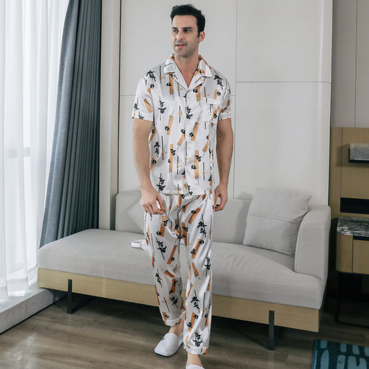 Mens Pajama Set Short Sleeve Sleepwear Silky Loungewear with Long Pants-KJ5025-M