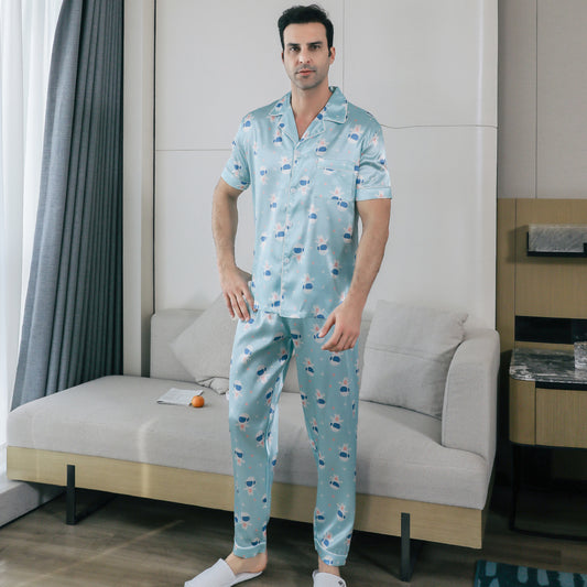 Mens Pajama Set Short Sleeve Sleepwear Silky Loungewear with Long Pants-KJ5026-M