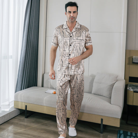 Mens Pajama Set Short Sleeve Sleepwear Silky Loungewear with Long Pants-KJ5027-M