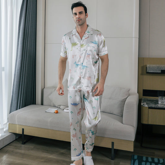 Mens Pajama Set Short Sleeve Sleepwear Silky Loungewear with Long Pants-KJ5028-M