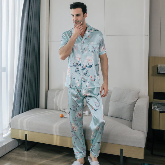 Mens Pajama Set Short Sleeve Sleepwear Silky Loungewear with Long Pants-KJ5029-M