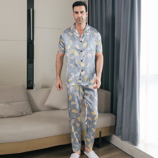 Mens Pajama Set Short Sleeve Sleepwear Silky Loungewear with Long Pants-KJ5031-M