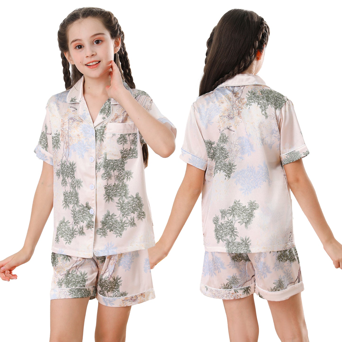 Girl's  Satin Pajama Set Short Top Classic Sleepwear with Short pants-KJ437T-130