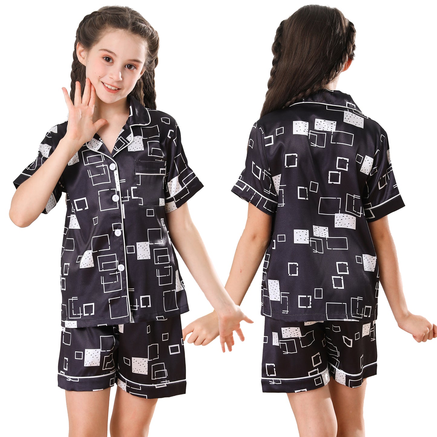 Girl's  Satin Pajama Set Short Top Classic Sleepwear with Short pants-KJ421T-130