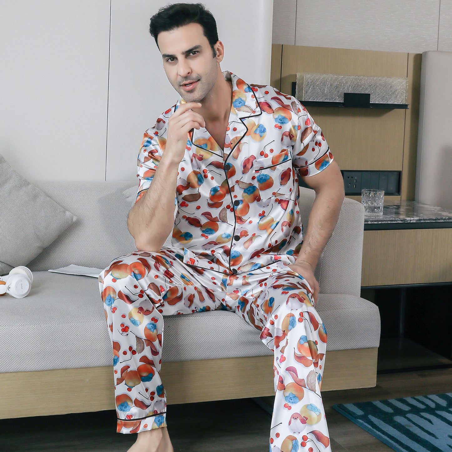 Men's Satin Pajama Set 3 Pieces Classic Sleepwear-KJ6018-M