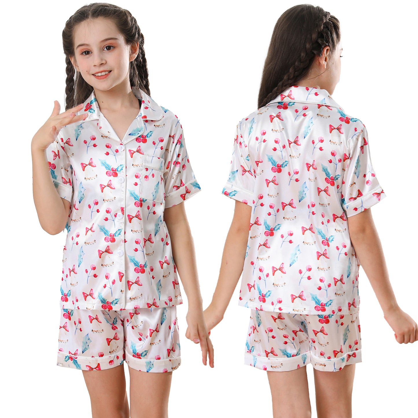 Girl's  Satin Pajama Set Short Top Classic Sleepwear with Short pants-KJ435T-130