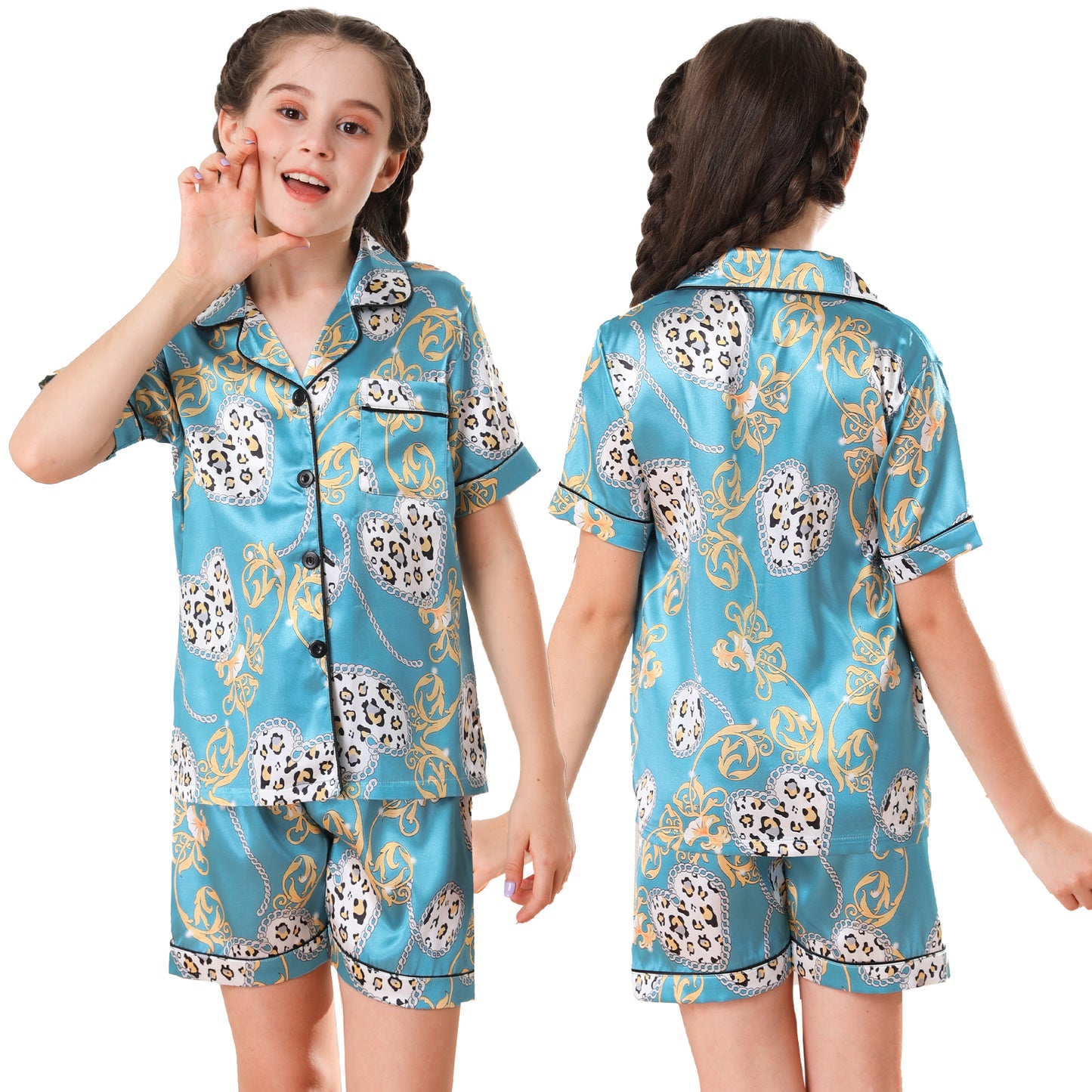 children's Satin Pajamas Set Short Sleeve & Short pants Sleepwear with Pockets-KJ456T-130