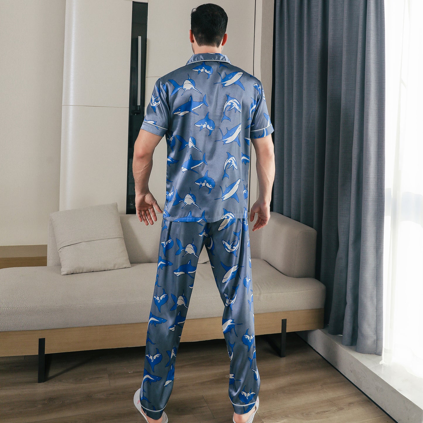 Men Satin Pajamas Set Short Sleeve & Long Pants Sleepwear with Pockets-KJ5041-M